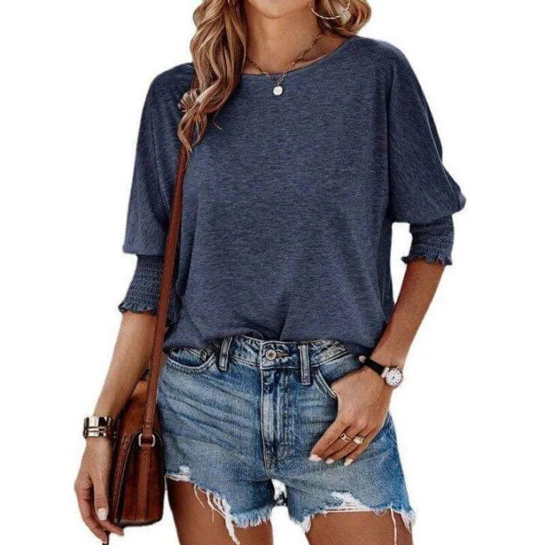 Women's Long-Sleeve Smocked Cuff Relaxed Batwing Blouse Top