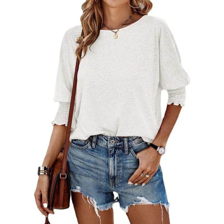 Women's Long-Sleeve Smocked Cuff Relaxed Batwing Blouse Top
