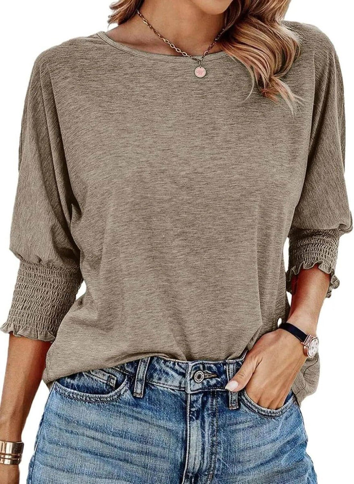Women's Long-Sleeve Smocked Cuff Relaxed Batwing Blouse Top