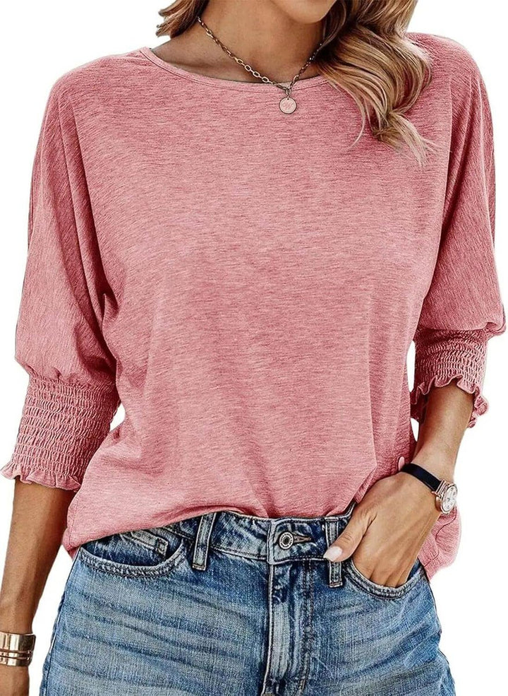 Women's Long-Sleeve Smocked Cuff Relaxed Batwing Blouse Top