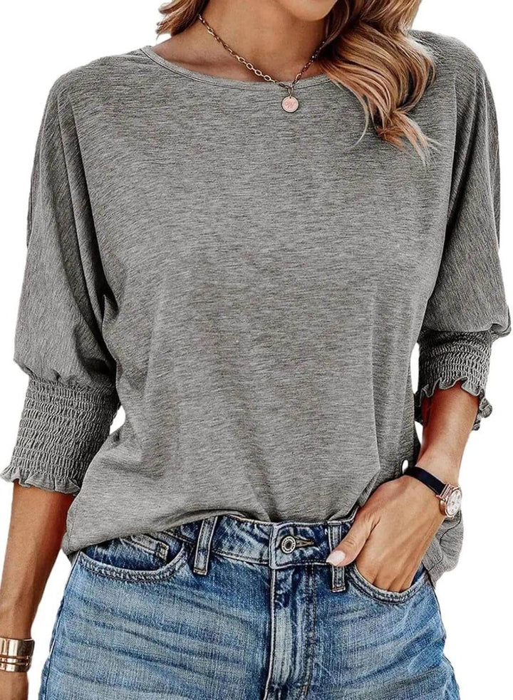 Women's Long-Sleeve Smocked Cuff Relaxed Batwing Blouse Top