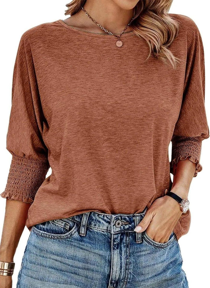 Women's Long-Sleeve Smocked Cuff Relaxed Batwing Blouse Top