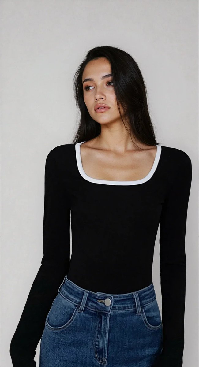 Women's Long-Sleeve Square-Neck Contrast-Trim Fitted Top