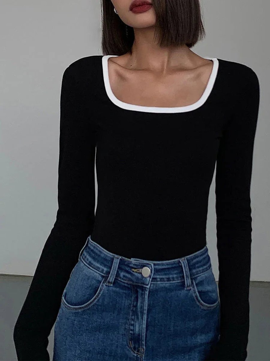 Women's Long-Sleeve Square-Neck Contrast-Trim Fitted Top