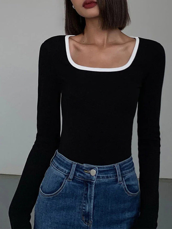 Women's Long-Sleeve Square-Neck Contrast-Trim Fitted Top