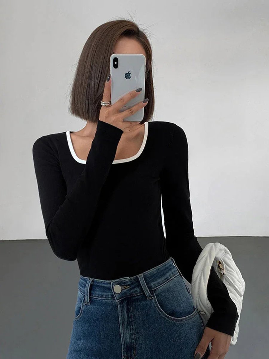 Women's Long-Sleeve Square-Neck Contrast-Trim Fitted Top
