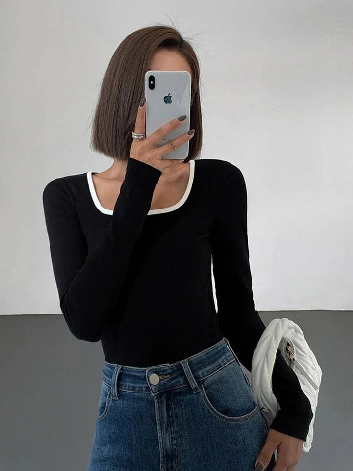 Women's Long-Sleeve Square-Neck Contrast-Trim Fitted Top