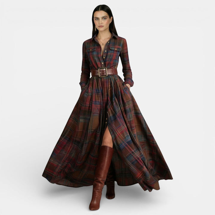 Women's Long-Sleeve Vintage Blouse Checked Belted Maxi Shirt Dress