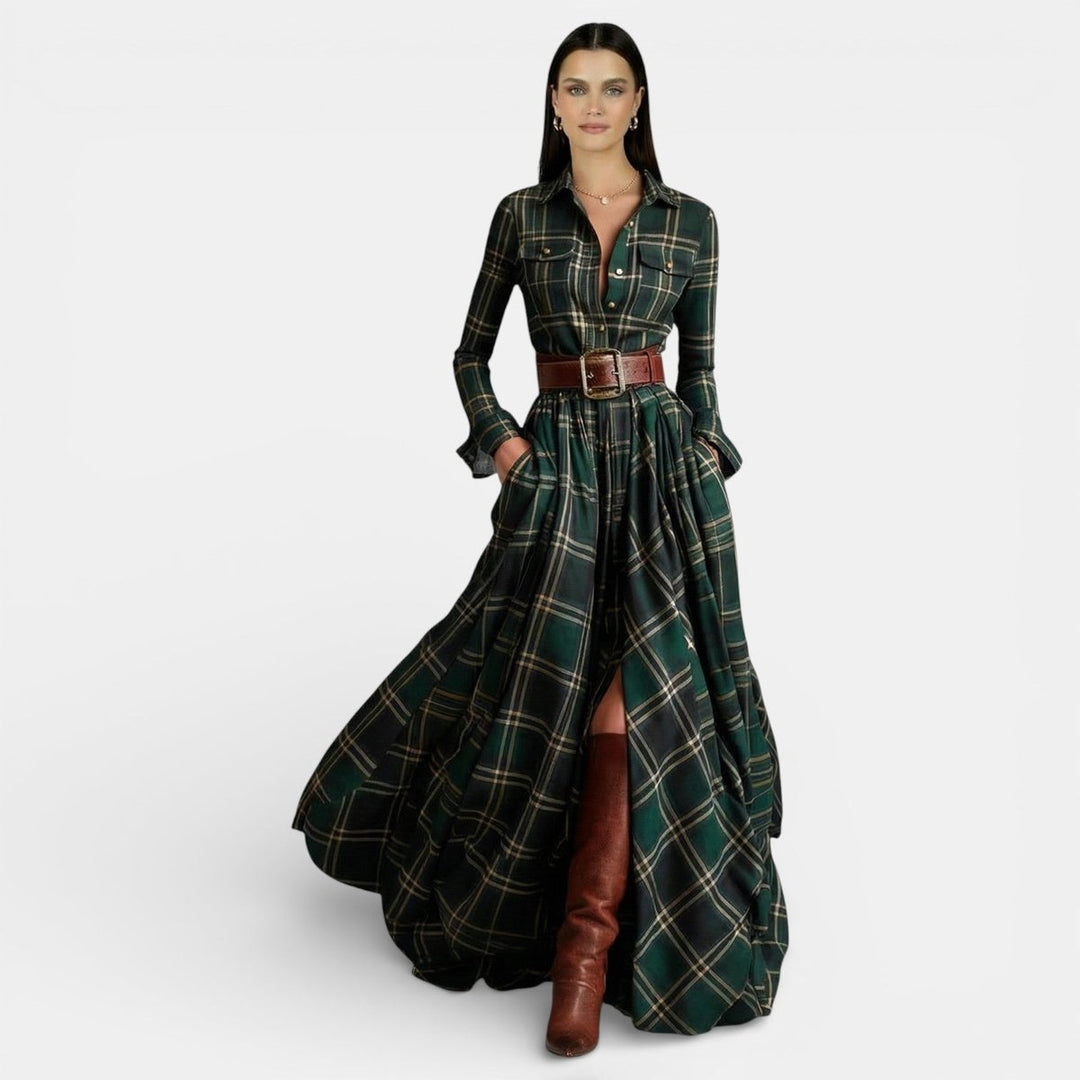 Women's Long-Sleeve Vintage Blouse Checked Belted Maxi Shirt Dress