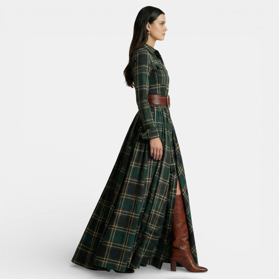 Women's Long-Sleeve Vintage Blouse Checked Belted Maxi Shirt Dress