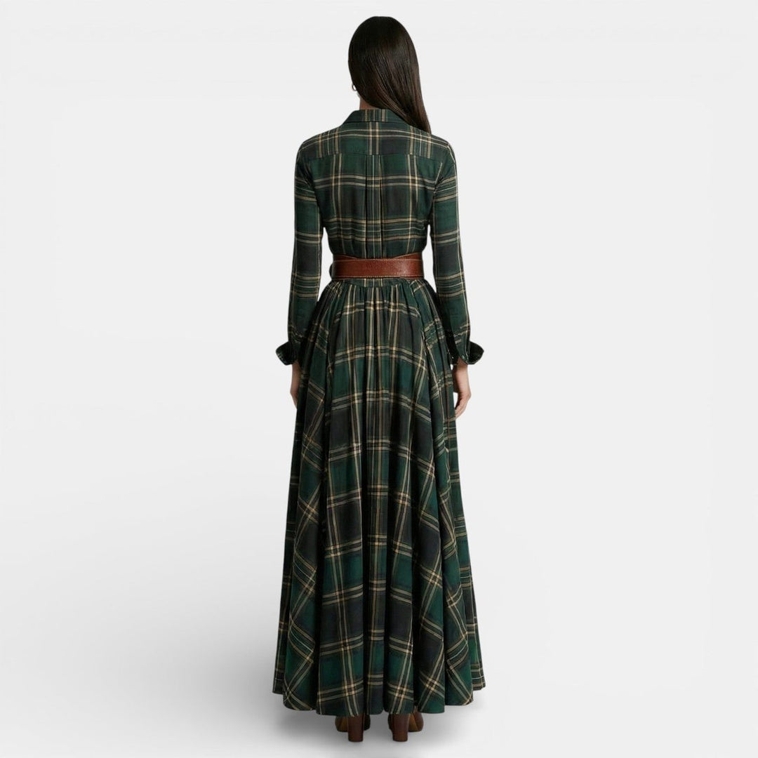 Women's Long-Sleeve Vintage Blouse Checked Belted Maxi Shirt Dress