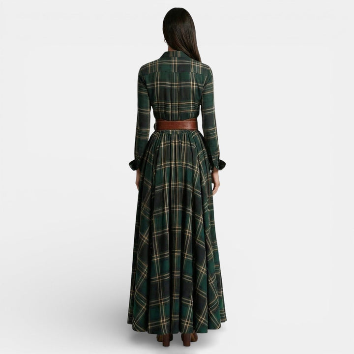Women's Long-Sleeve Vintage Blouse Checked Belted Maxi Shirt Dress
