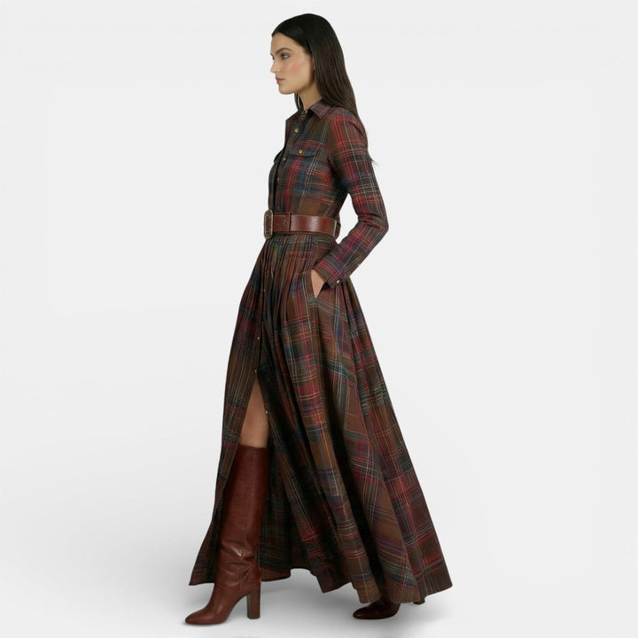 Women's Long-Sleeve Vintage Blouse Checked Belted Maxi Shirt Dress