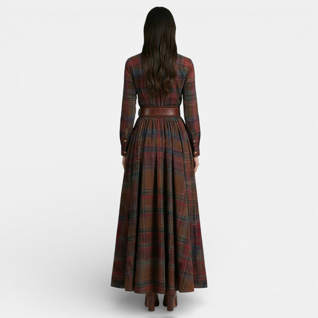 Women's Long-Sleeve Vintage Blouse Checked Belted Maxi Shirt Dress