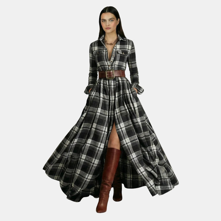 Women's Long-Sleeve Vintage Blouse Checked Belted Maxi Shirt Dress