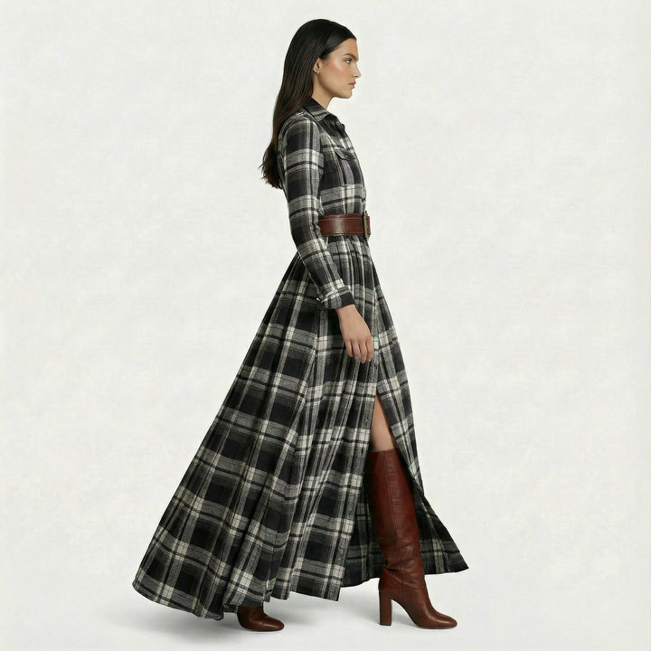 Women's Long-Sleeve Vintage Blouse Checked Belted Maxi Shirt Dress