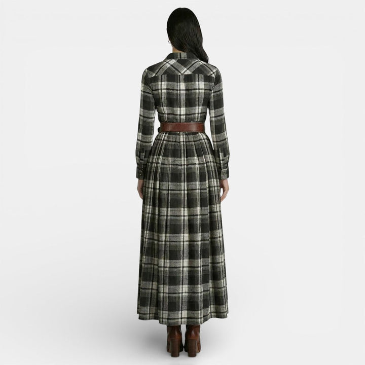 Women's Long-Sleeve Vintage Blouse Checked Belted Maxi Shirt Dress