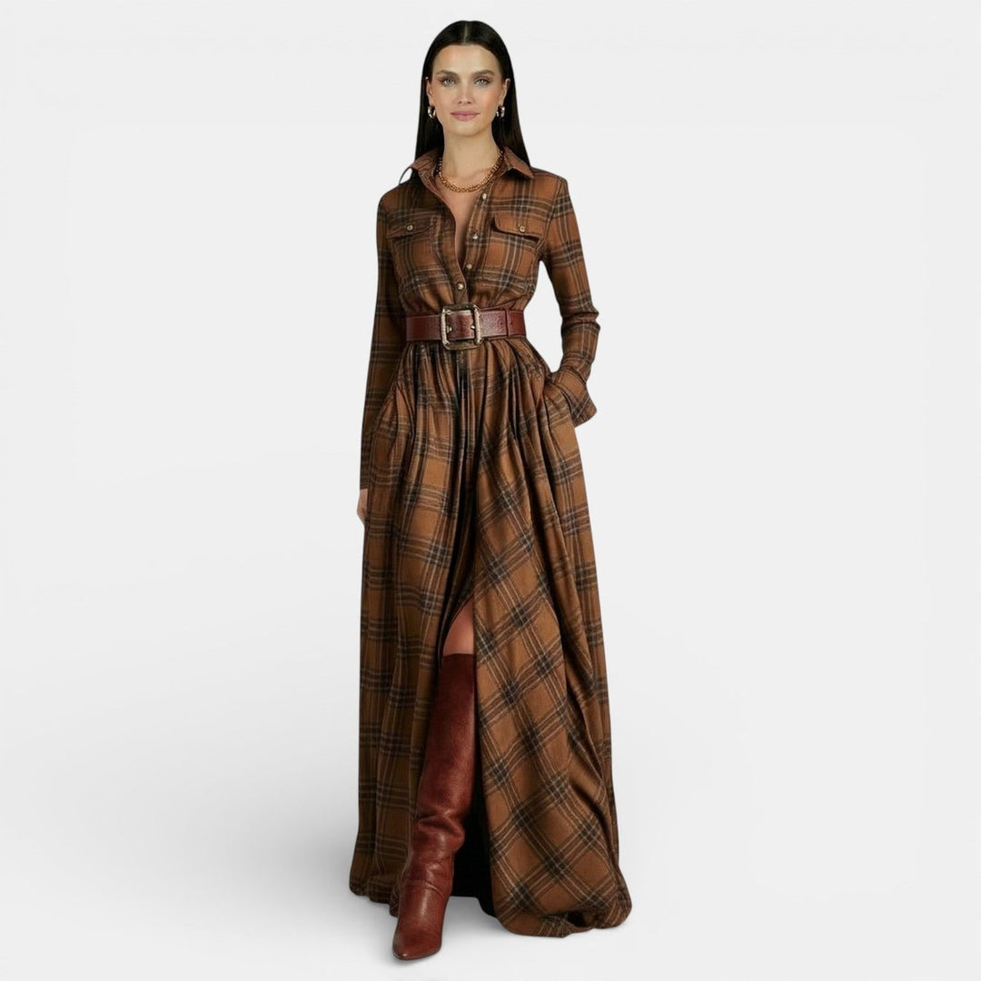 Women's Long-Sleeve Vintage Blouse Checked Belted Maxi Shirt Dress