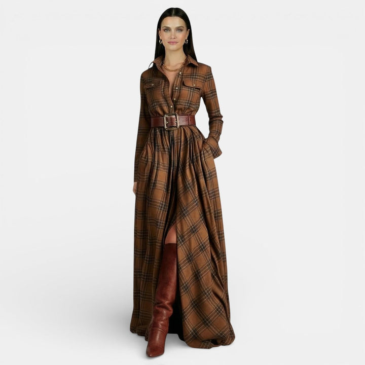 Women's Long-Sleeve Vintage Blouse Checked Belted Maxi Shirt Dress