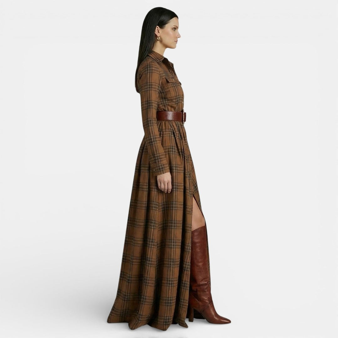 Women's Long-Sleeve Vintage Blouse Checked Belted Maxi Shirt Dress