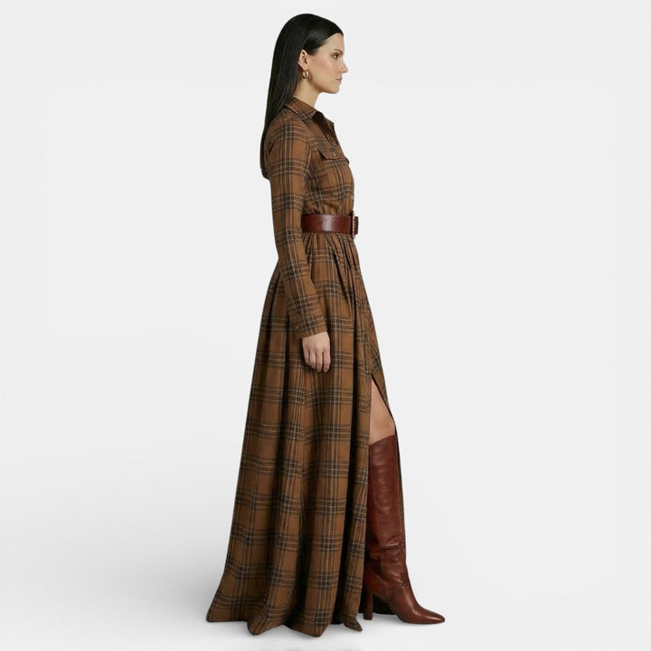 Women's Long-Sleeve Vintage Blouse Checked Belted Maxi Shirt Dress