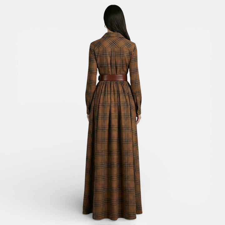 Women's Long-Sleeve Vintage Blouse Checked Belted Maxi Shirt Dress