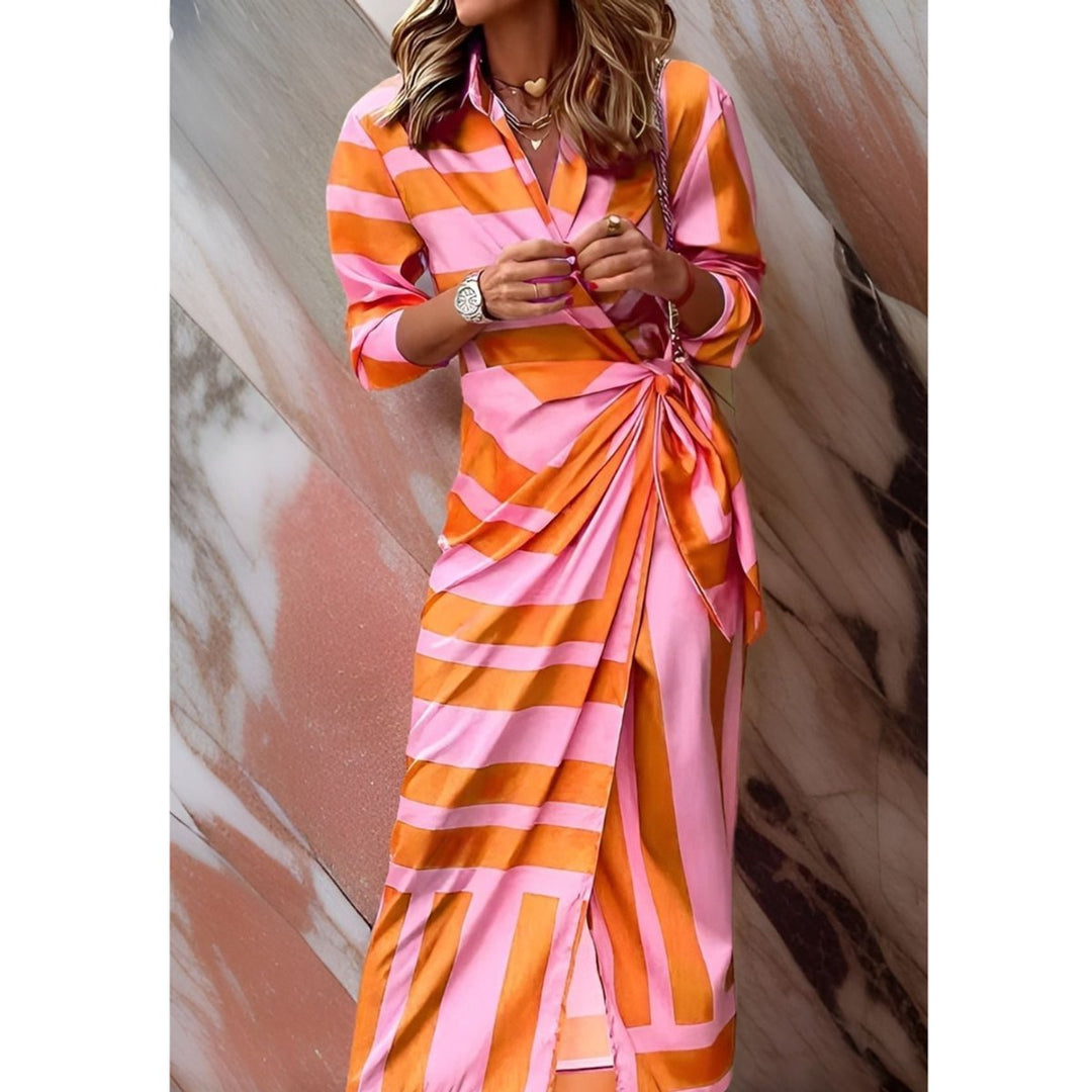 Women's Long-Sleeve Wrap Midi Shirt Dress Bold Stripe