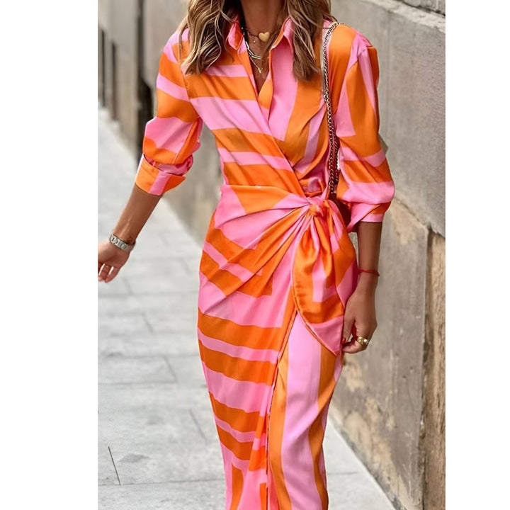 Women's Long-Sleeve Wrap Midi Shirt Dress Bold Stripe