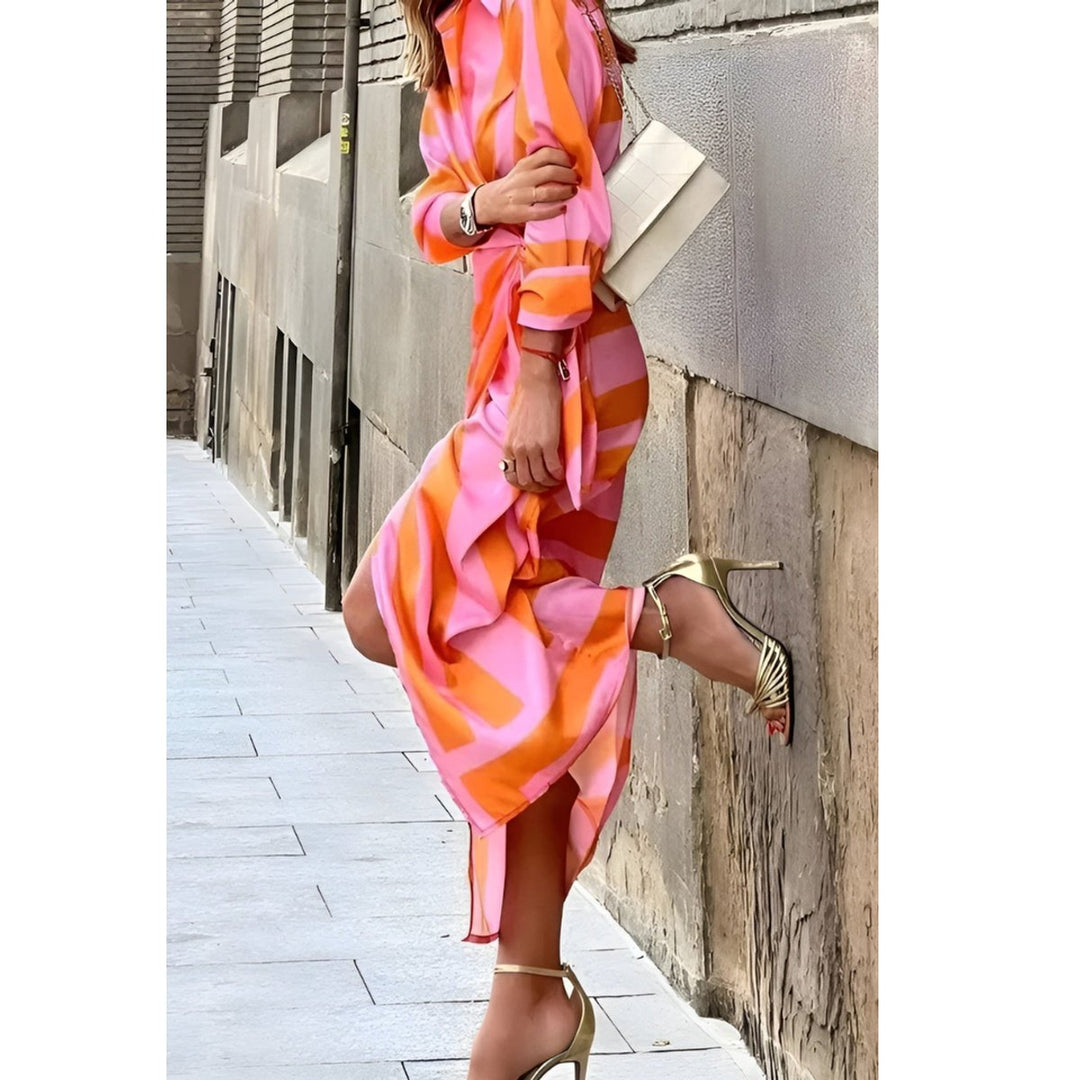 Women's Long-Sleeve Wrap Midi Shirt Dress Bold Stripe