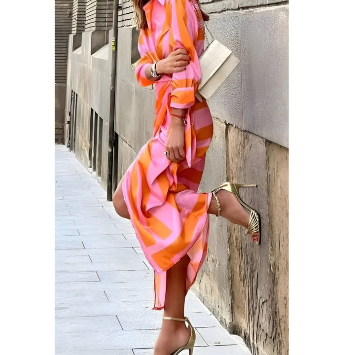 Women's Long-Sleeve Wrap Midi Shirt Dress Bold Stripe