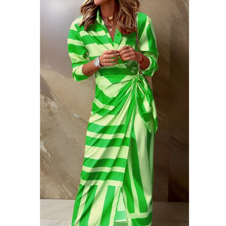 Women's Long-Sleeve Wrap Midi Shirt Dress Bold Stripe