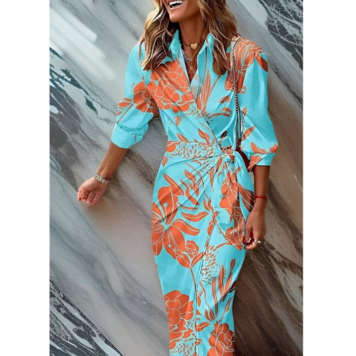 Women's Long-Sleeve Wrap Midi Shirt Dress Bold Stripe