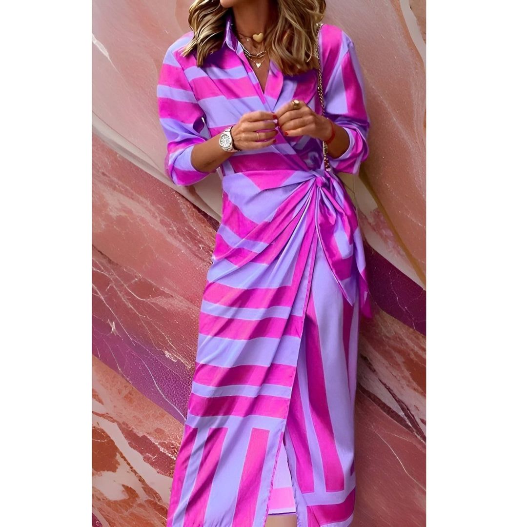 Women's Long-Sleeve Wrap Midi Shirt Dress Bold Stripe