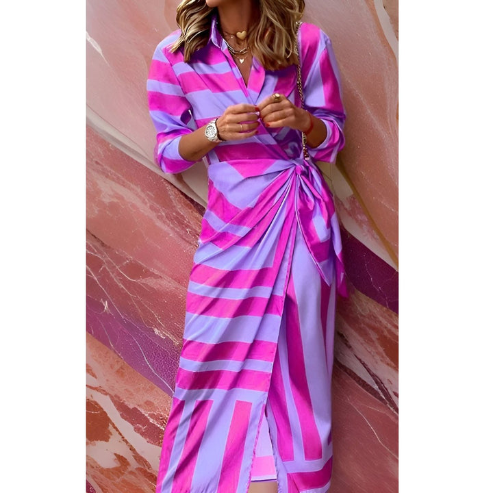 Women's Long-Sleeve Wrap Midi Shirt Dress Bold Stripe