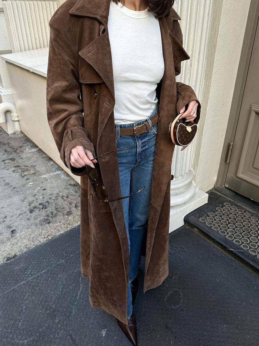 Women's Long Suede Trench Coat Relaxed Fit Outerwear