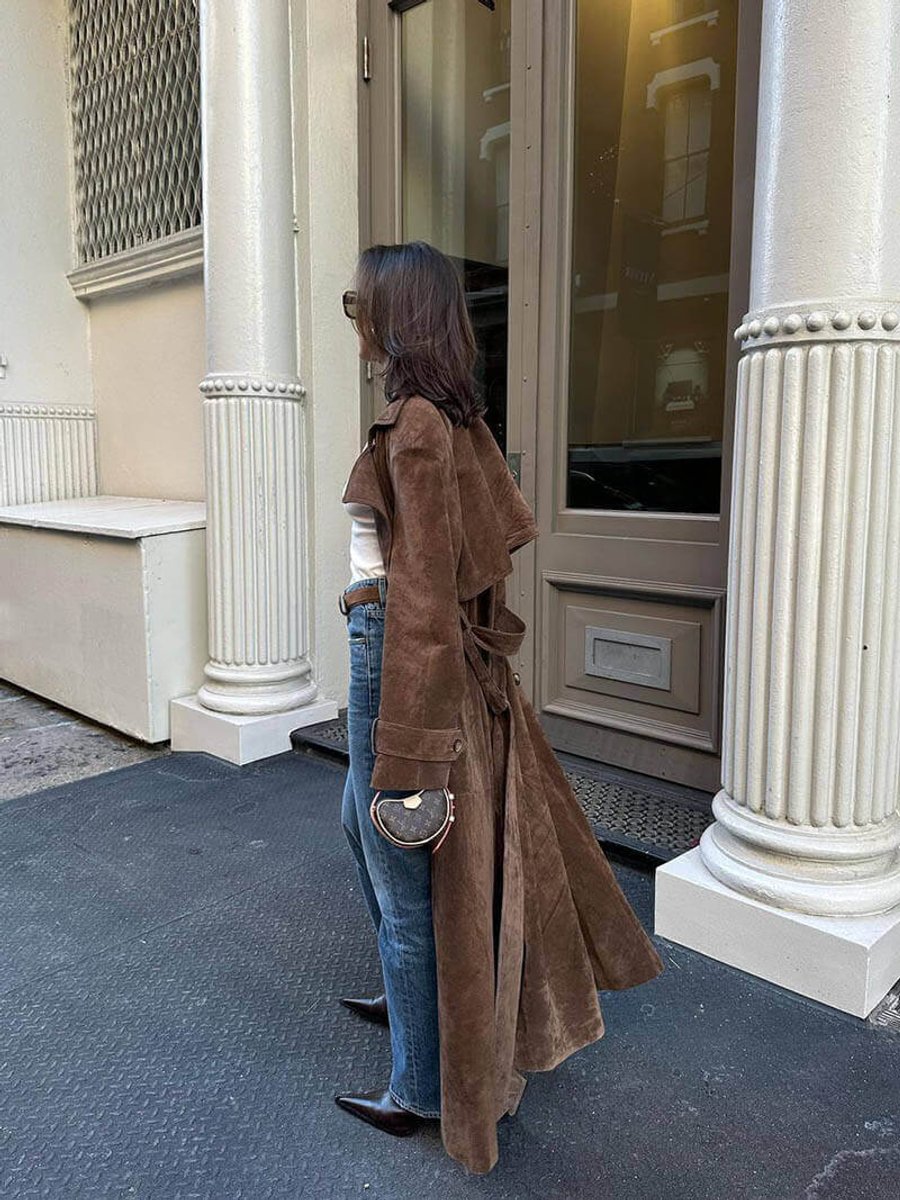 Women's Long Suede Trench Coat Relaxed Fit Outerwear