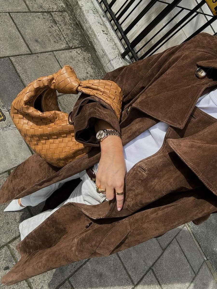 Women's Long Suede Trench Coat Relaxed Fit Outerwear