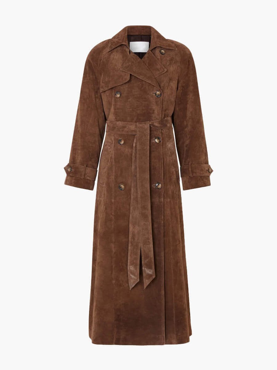 Women's Long Suede Trench Coat Relaxed Fit Outerwear