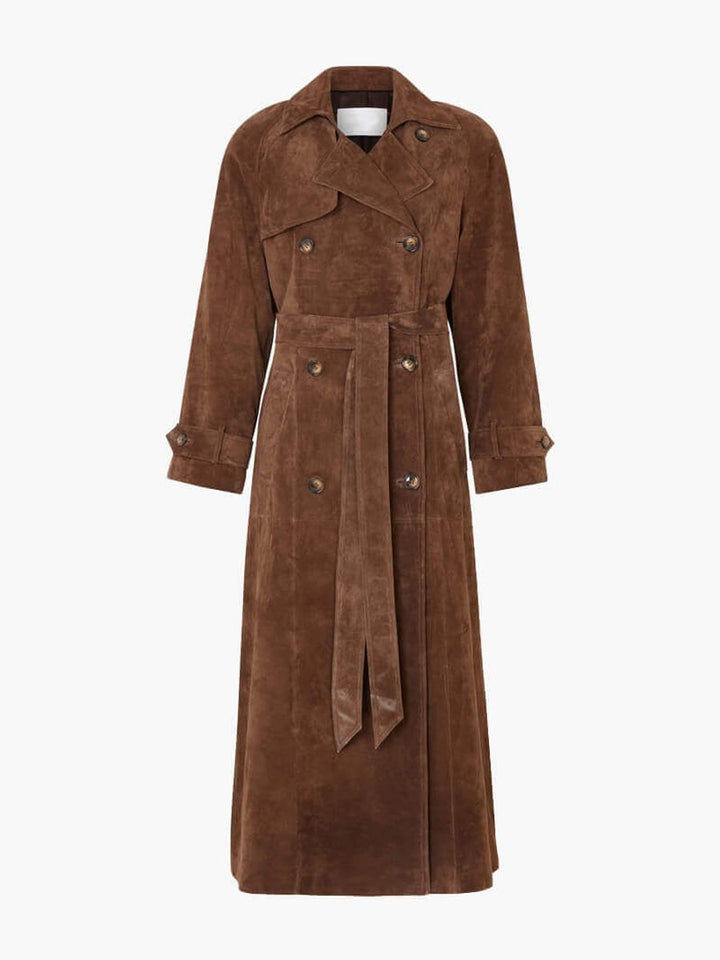 Women's Long Suede Trench Coat Relaxed Fit Outerwear
