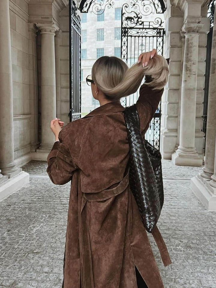 Women's Long Suede Trench Coat Relaxed Fit Outerwear