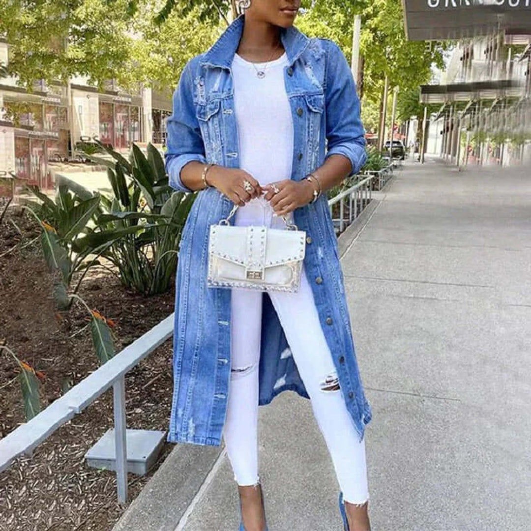 Women's Longline Distressed Denim Trench Coat