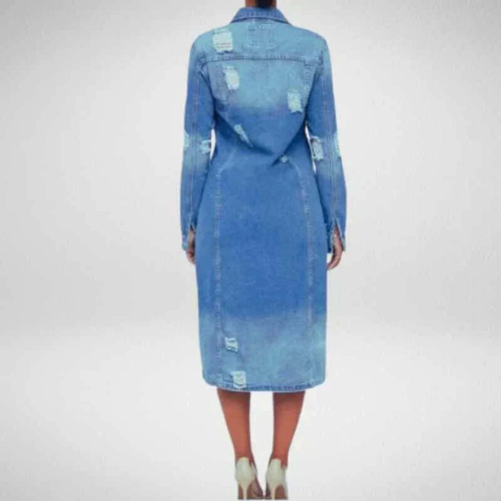 Women's Longline Distressed Denim Trench Coat