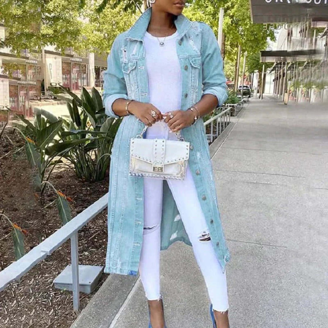 Women's Longline Distressed Denim Trench Coat