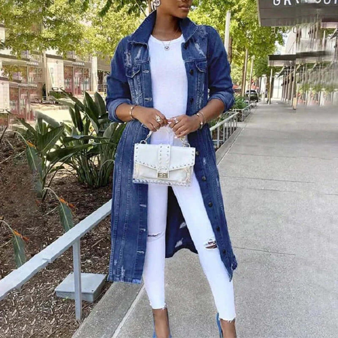Women's Longline Distressed Denim Trench Coat