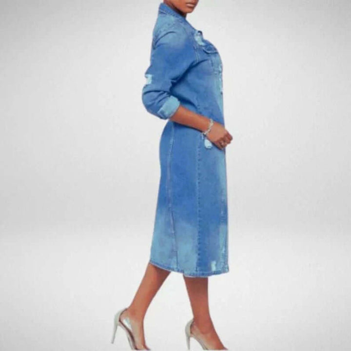 Women's Longline Distressed Denim Trench Coat