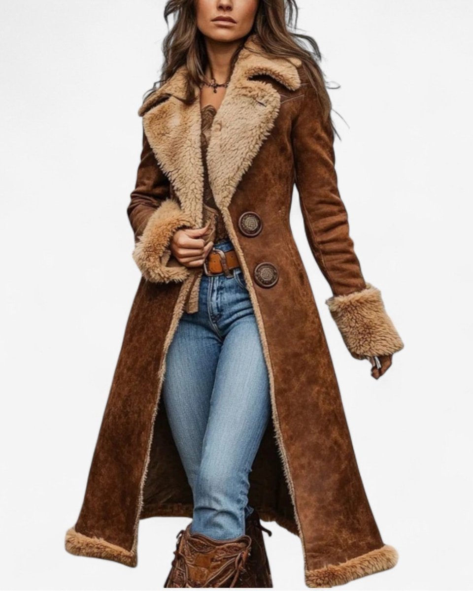 Women's Longline Shearling-Lined Suede Trench Coat Faux Fur Trim