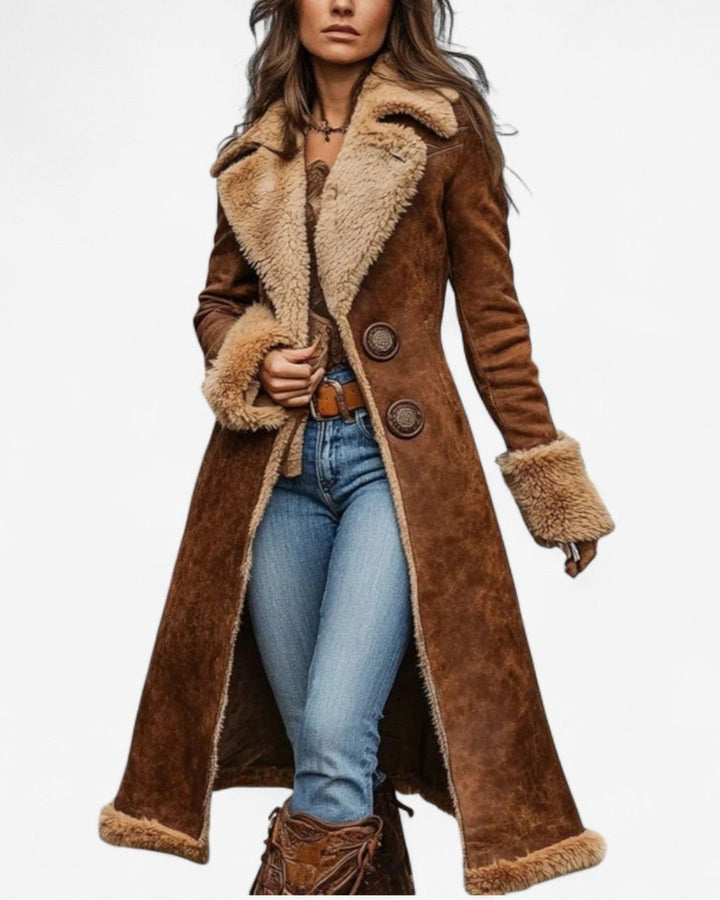 Women's Longline Shearling-Lined Suede Trench Coat Faux Fur Trim