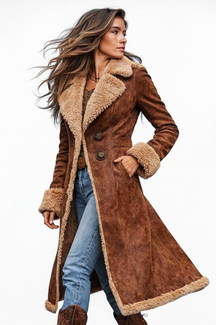 Women's Longline Shearling-Lined Suede Trench Coat Faux Fur Trim