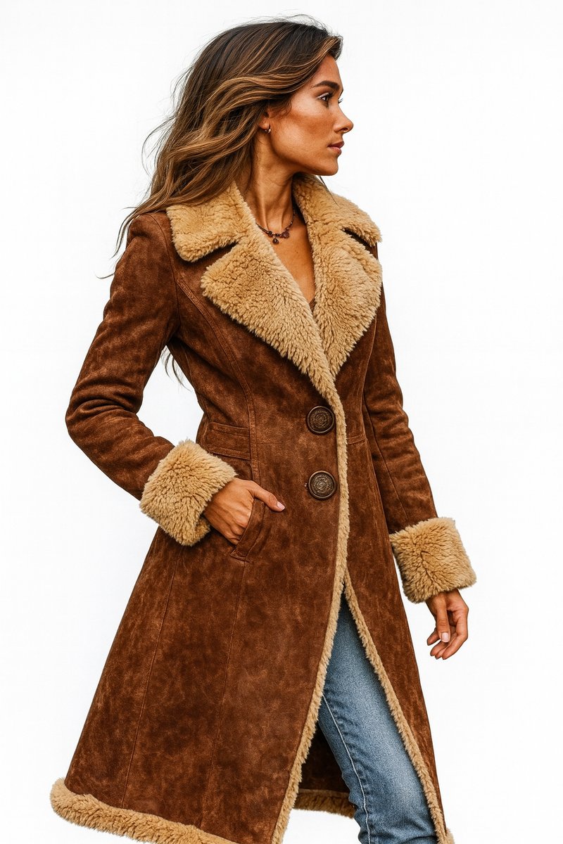 Women's Longline Shearling-Lined Suede Trench Coat Faux Fur Trim