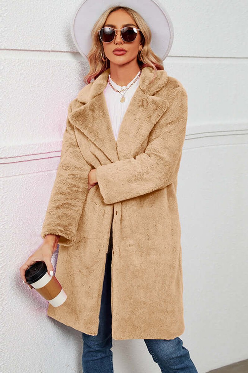 Women's Longline Teddy Coat Fluffy Lapel Faux Fur Coat